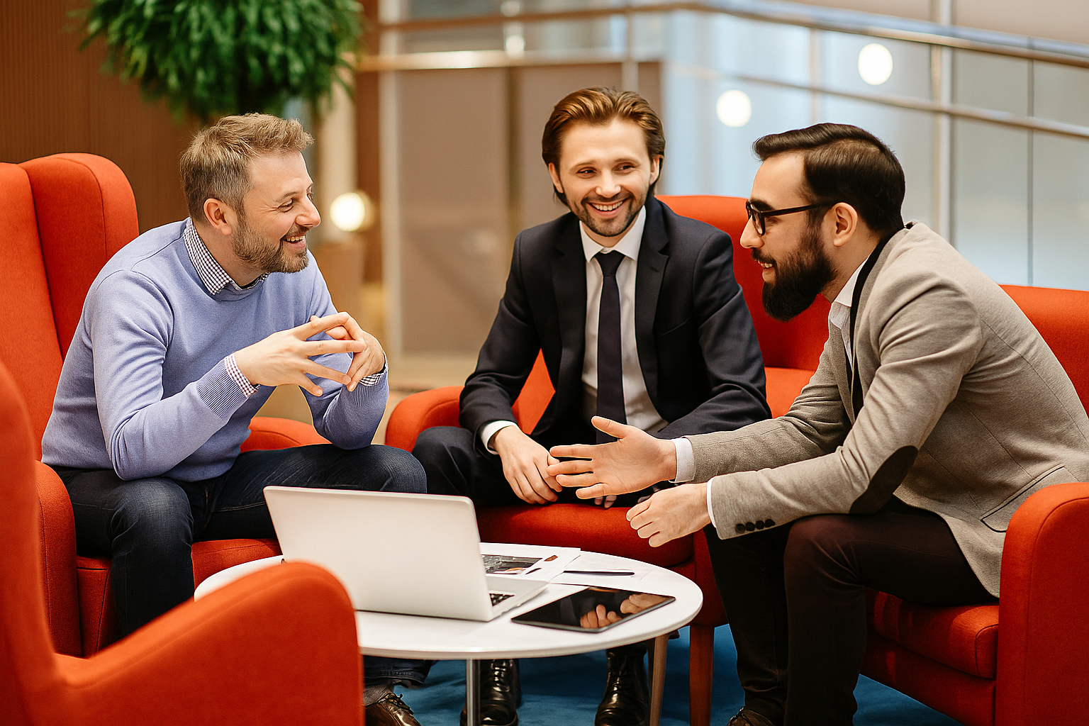 Três homens em trajes de trabalho conversam animadamente em uma sala moderna e bem iluminada, sentados em poltronas vermelhas ao redor de uma mesa de centro branca com um notebook e documentos. Ao fundo, há um ambiente corporativo com plantas e detalhes em madeira e vidro.