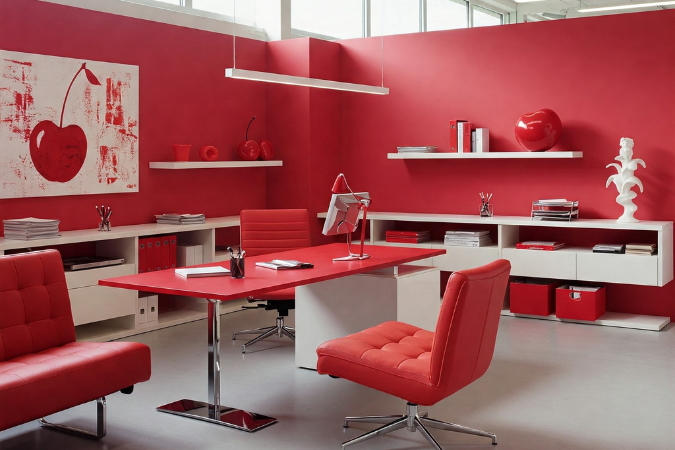 Escritório moderno com decoração predominantemente vermelha, incluindo paredes, móveis e objetos decorativos. O ambiente possui cadeiras estofadas, mesa de trabalho com computador, prateleiras com livros e itens vermelhos, além de iluminação natural vinda das janelas superiores. A cena transmite intensidade, energia e estilo contemporâneo.