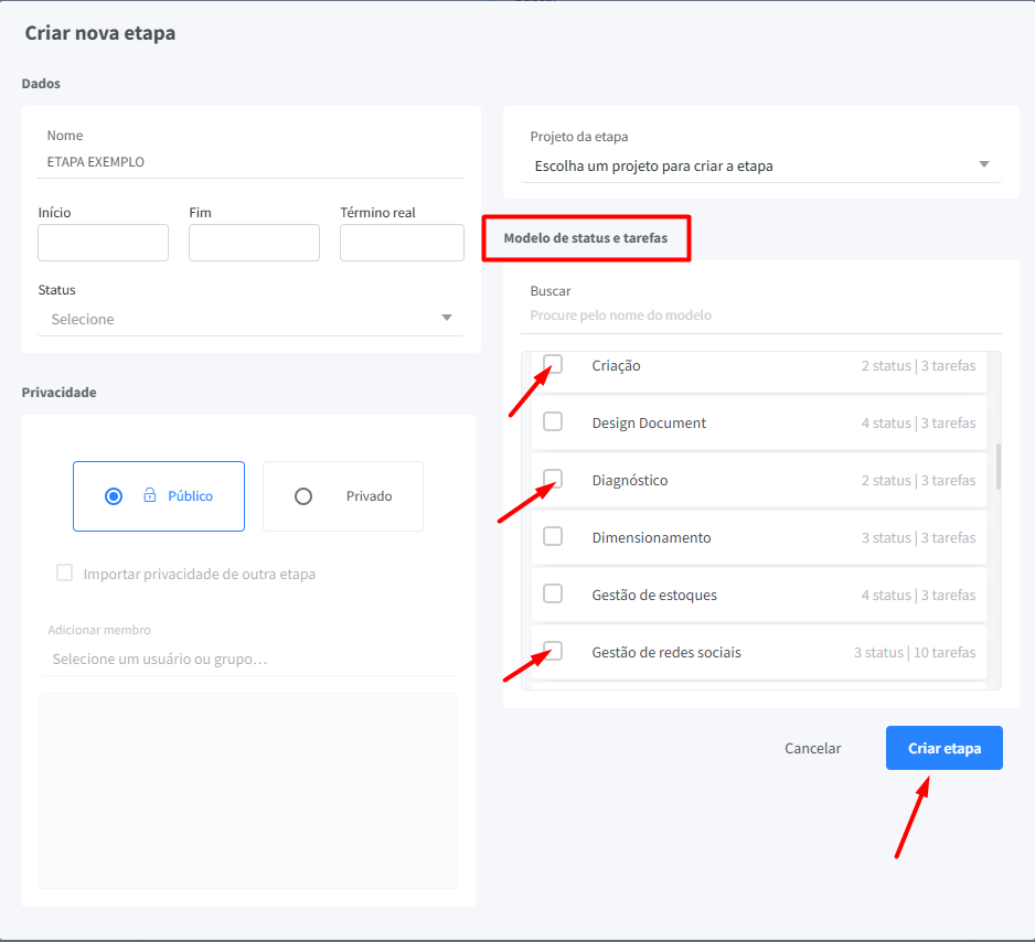 Tela de criação de nova etapa no FlowUp com dois modelos de status e tarefas selecionados ("Criação" e "Diagnóstico") e aviso destacado informando que as etapas serão criadas com o nome dos modelos.