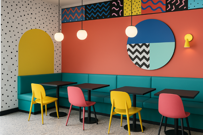 Interior de café com elementos Memphis Design, incluindo banco turquesa, cadeiras amarelas e rosa, parede coral com arte geométrica e iluminação pendente suave.