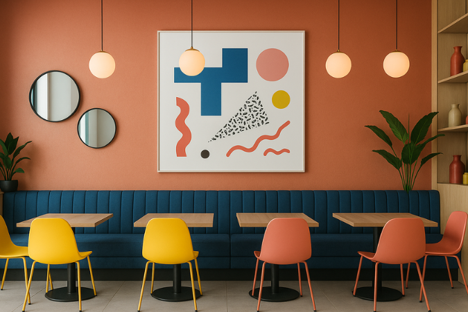 Café com paredes coral, arte geométrica em destaque, banco azul estofado e cadeiras amarelas e laranja, representando o Memphis Design aplicado com equilíbrio.