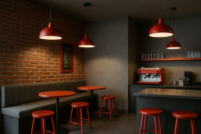 Cafeteria com decoração industrial, iluminação vermelha, paredes em tijolo e mobiliário cinza.