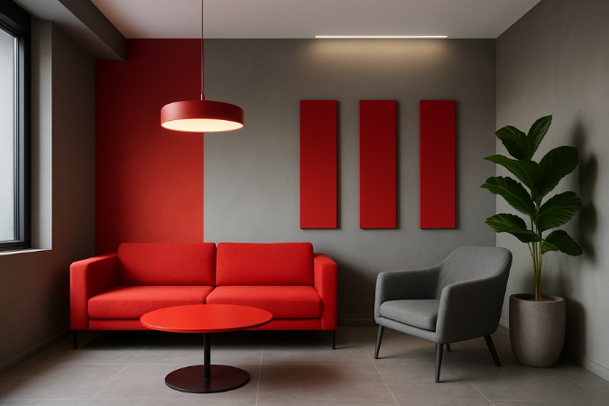 Sala de espera comercial com sofá vermelho, poltrona cinza e parede bicolor em tons de vermelho e cinza.