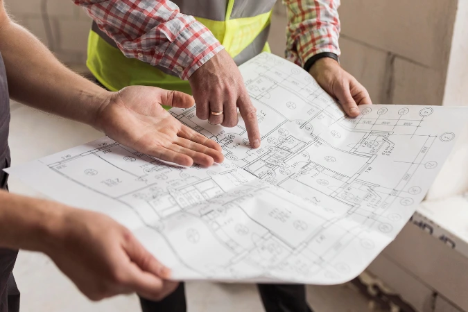 Dois profissionais em obra segurando e apontando para planta técnica durante o levantamento arquitetônico no local.