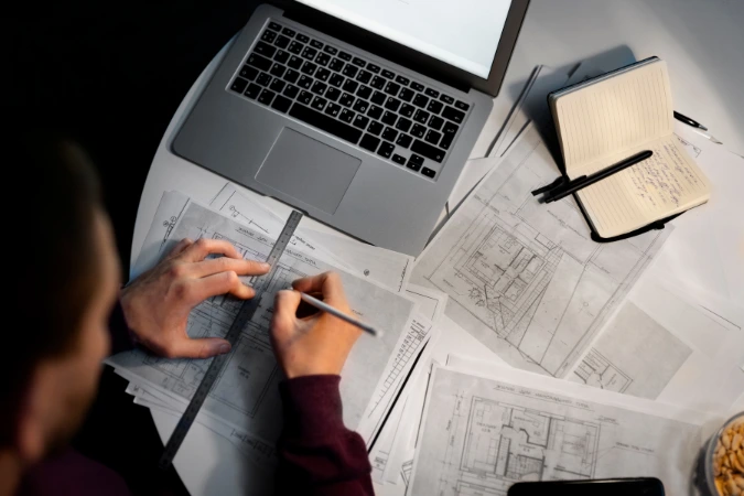 Vista superior de mesa com pranchas de projeto, notebook aberto e anotações ao lado de ferramentas de desenho técnico