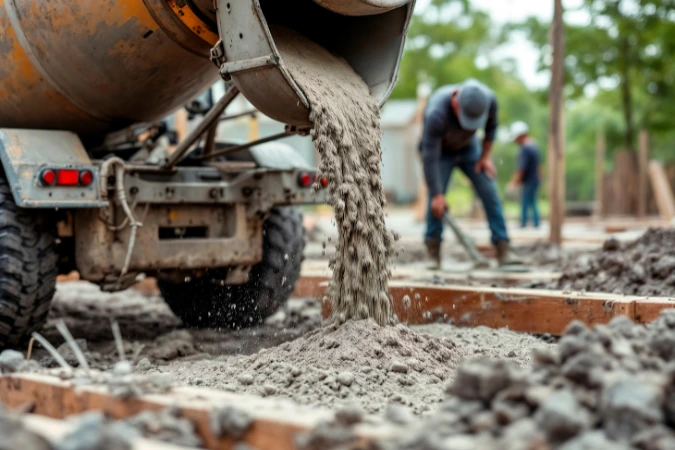Caminhão betoneira descarregando concreto em obra, com profissionais preparando o nivelamento
