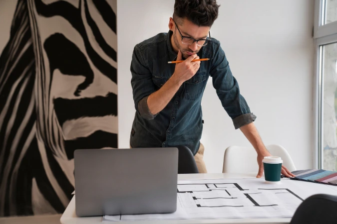 Arquiteto analisando planta baixa sobre a mesa, com notebook, café e amostras de tecidos