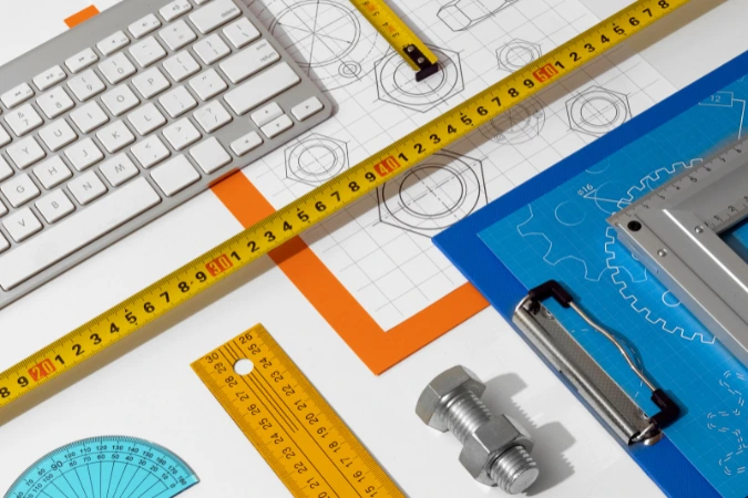 Teclado, fita métrica, régua, esquadro, parafuso e prancheta com desenhos técnicos interessados sobre uma mesa.