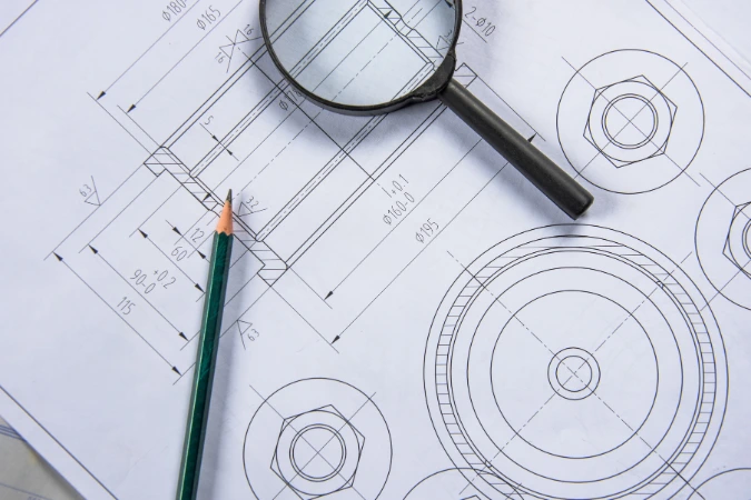 Lupa, lápis e desenho técnico com detalhes de peças e medidas, representando análise de projetos.