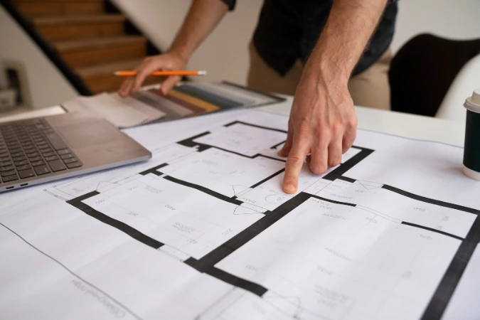 Mão de arquiteto apontando para planta baixa impressa sobre a mesa, ao lado de notebook e paleta de cores.