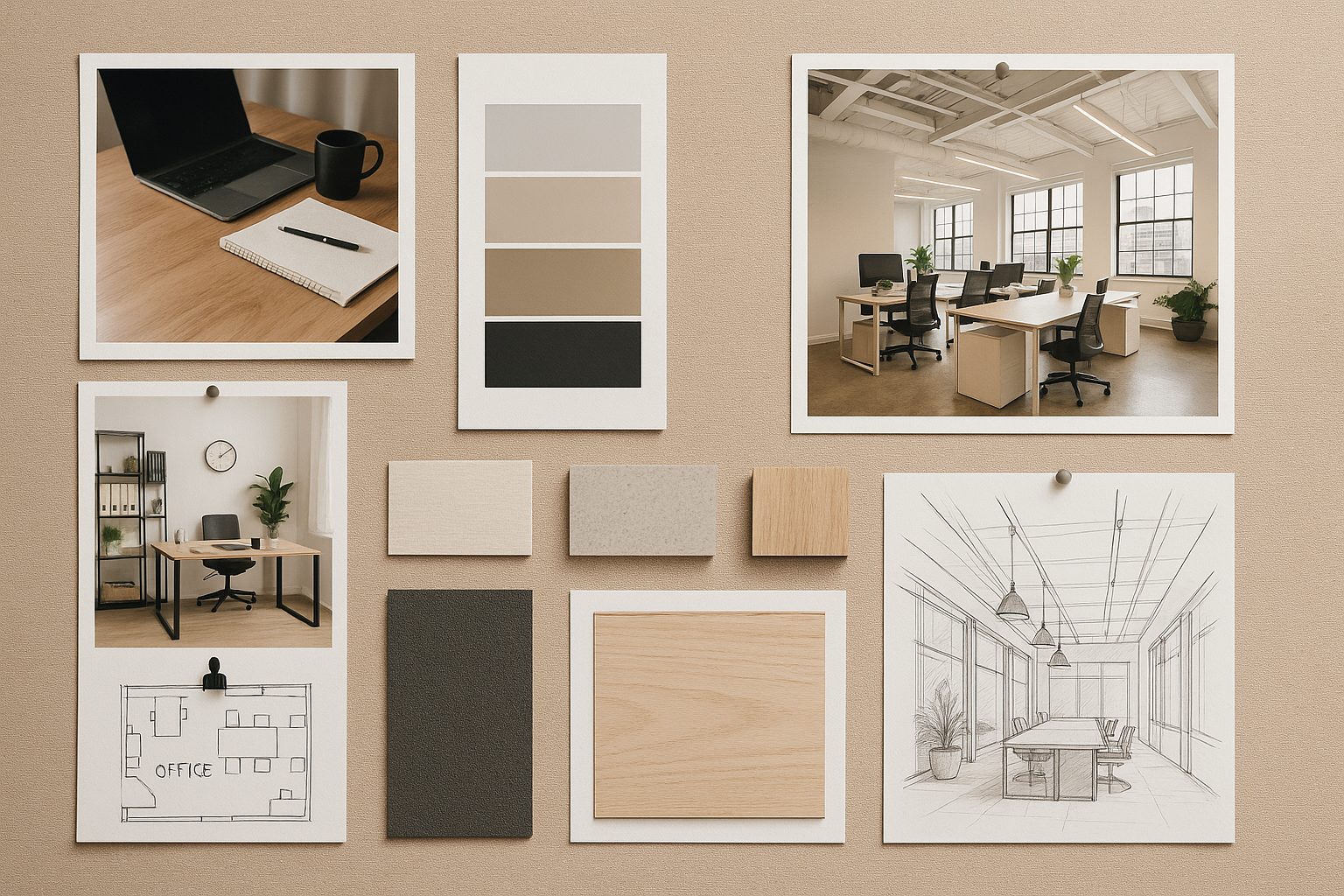 Painel visual com tons de cinza e madeira clara, imagens de recepção e estações de trabalho, aplicado a ambientes corporativos.