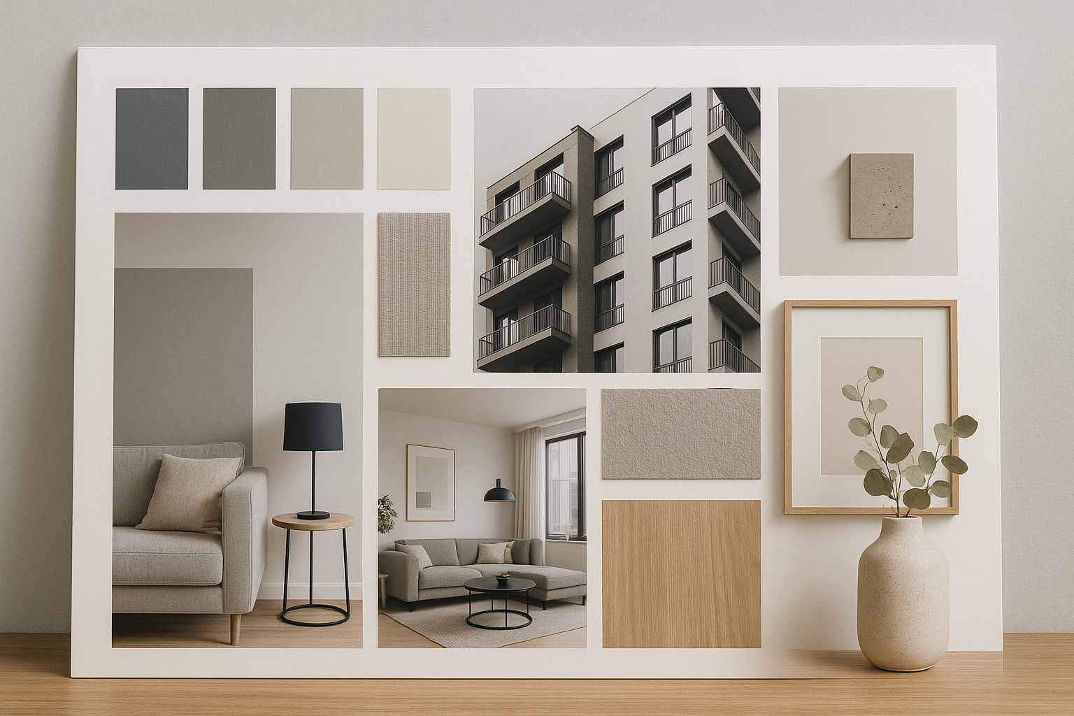 Painel com imagens de interiores limpos, paleta em tons areia e madeira clara, e elementos de conforto visual em ambientes residenciais.
