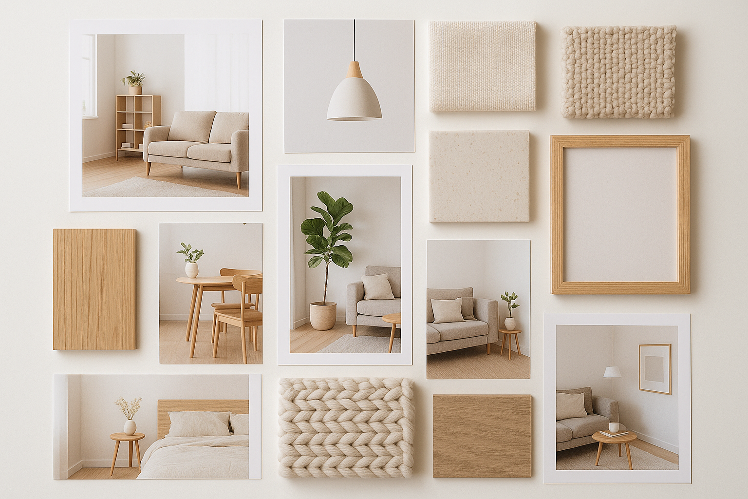 Painel com imagens de interiores claros, madeira natural, tecidos felpudos e iluminação suave em ambientes residenciais.