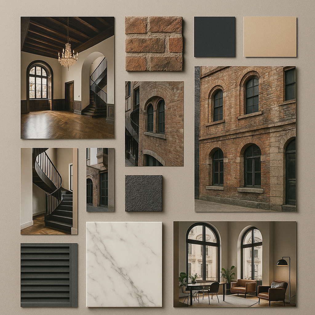 Composição visual com imagens de edifícios antigos, texturas de tijolo, mármore, madeira escura e esquadrias restauradas.