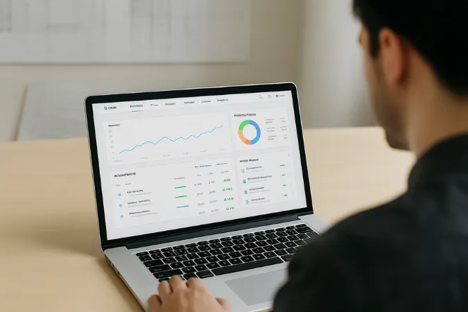 Tela de um ERP na nuvem com gráficos de desempenho e painel financeiro acessado por profissional em ambiente de trabalho