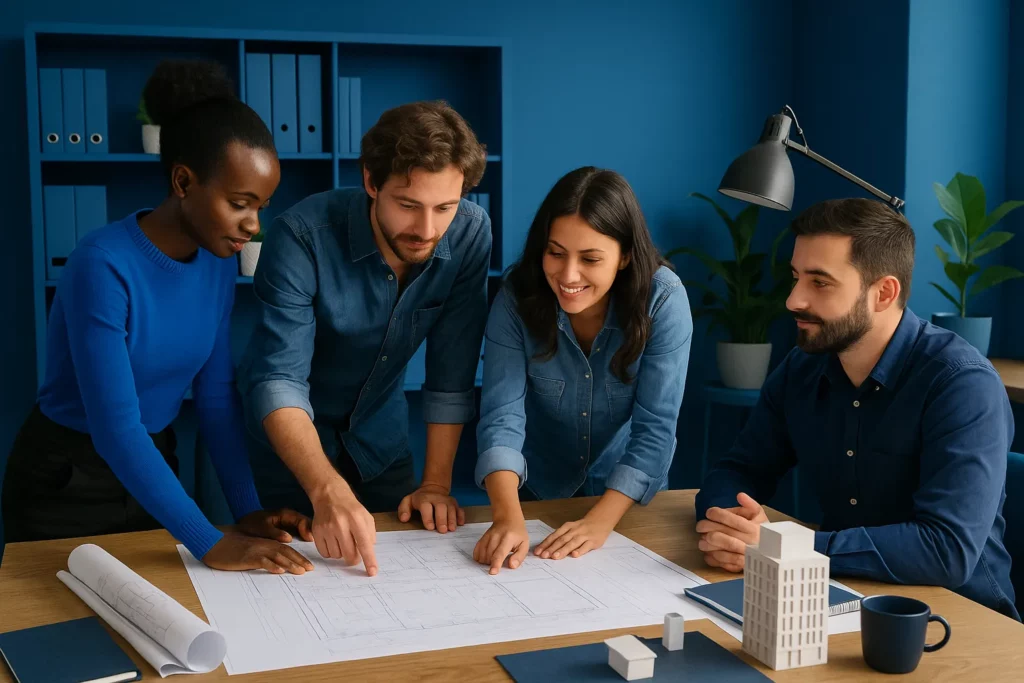 Arquitetos brasileiros colaborando em escritório moderno com decoração azul, analisando planta baixa sobre a mesa com maquete e materiais técnicos. Perguntar ao ChatGPT 
